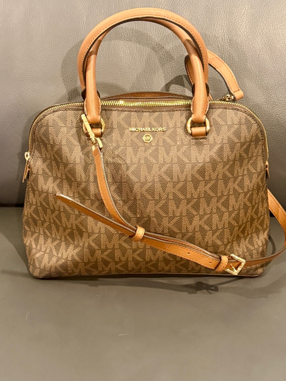 Michael Kors Brown MK Logo Dome Satchel with Tan Trim
